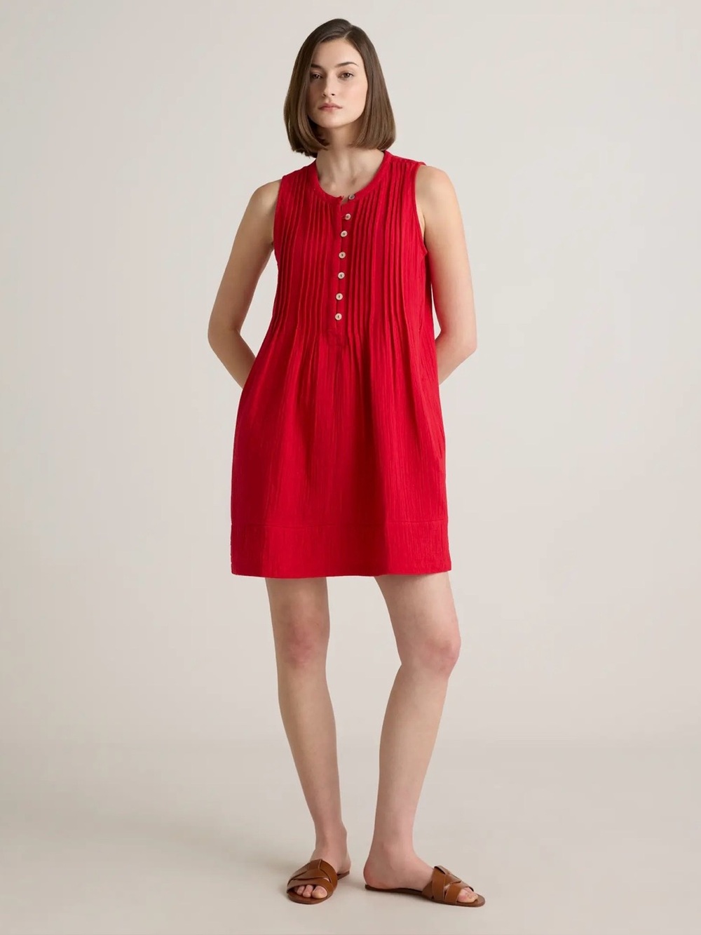 Quince 100% Organic Cotton Sleeveless Pintuck Button-Front Dress